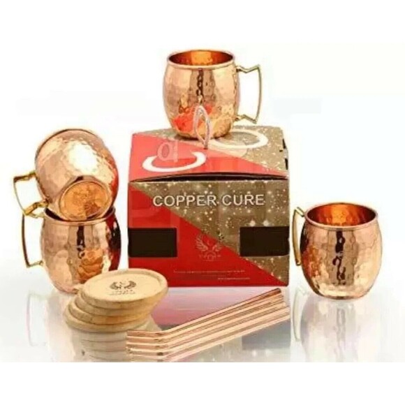 Copper Cure Moscow Mule 16 Oz Hammered Mug x4 +Coasters +Straws-New-Box Gift Set - Picture 1 of 8